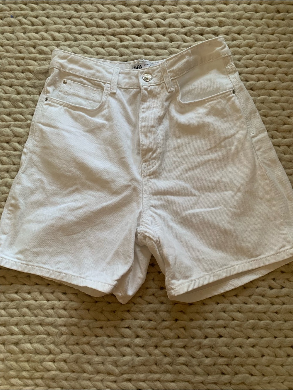 Zara High-Waisted White Denim Midi Shorts